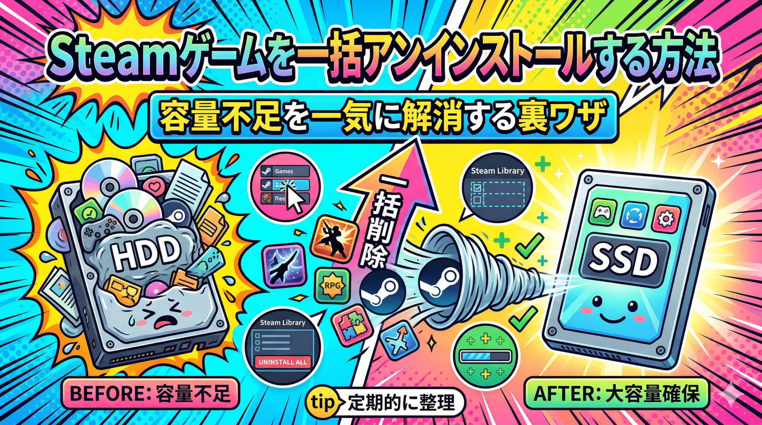 Steamのゲームを一括アンインストールする方法|容量不足を一気に解消する裏ワザ