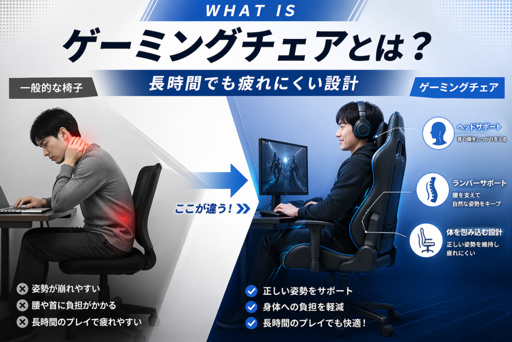 ゲーミングチェアとは？長時間プレイを前提に設計された椅子イラスト01