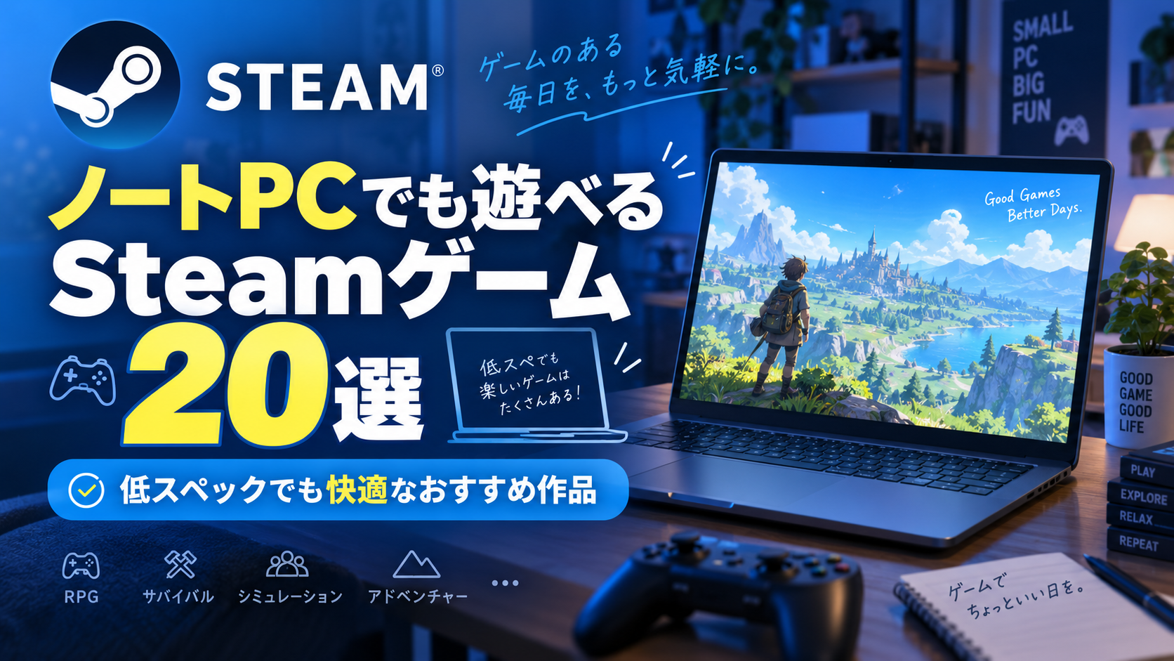 【2026年版】ノートPCでも遊べるSteamゲーム20選|低スペックでも快適なおすすめ作品