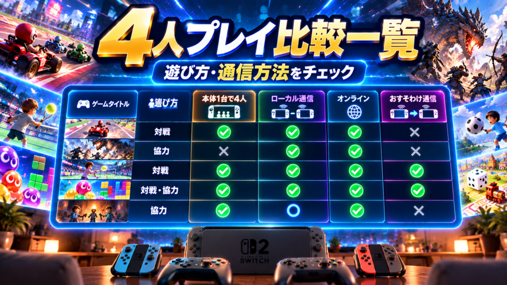Switch2の4人プレイ対応ゲーム比較一覧表画像