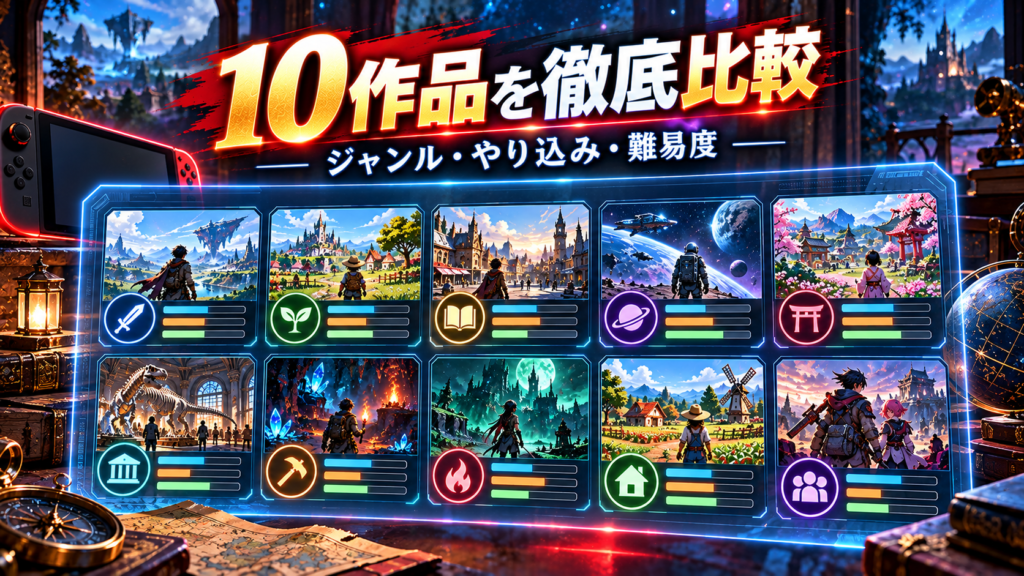 Switch2で一人でじっくり遊べるおすすめ10作品の比較一覧表画像